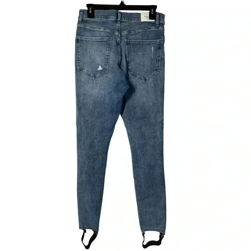 Express High Rise Distressed Skinny Med Blue Wash‎ Jeans Women Size 10 Long